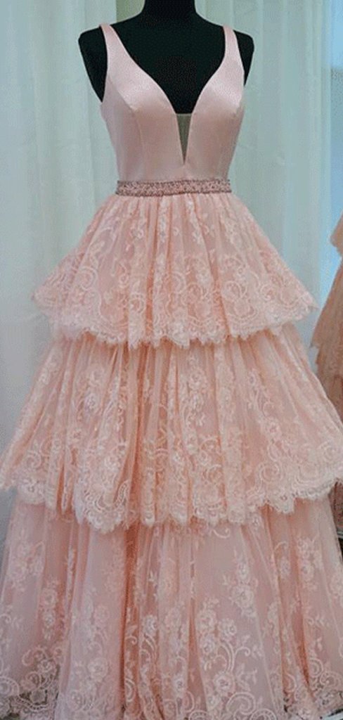 V-neck Lace Beaded Long A-line Pink Prom Dresses