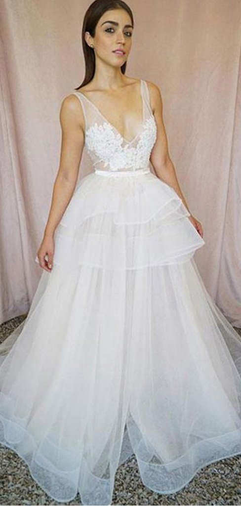 Fashion V-Neck Sexy Lace Ivory A-line design Long Prom Dresses