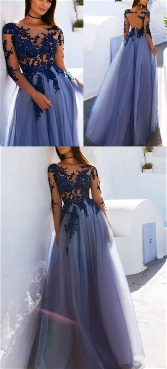 Long Sleeves Lace Tulle Prom Dresses, Popular Prom Dresses, Open Back Prom Dresses