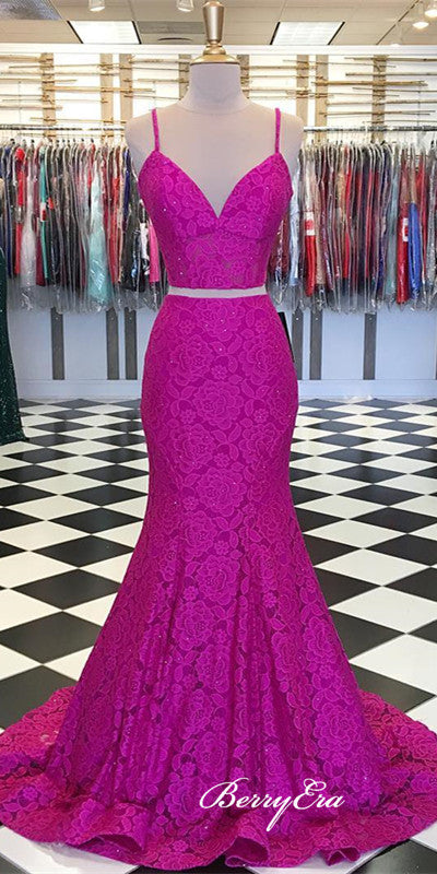 2 Pieces Hot Pink Long Lace Prom Dresses, Mermaid Prom Dresses, Beaded Prom Dresses