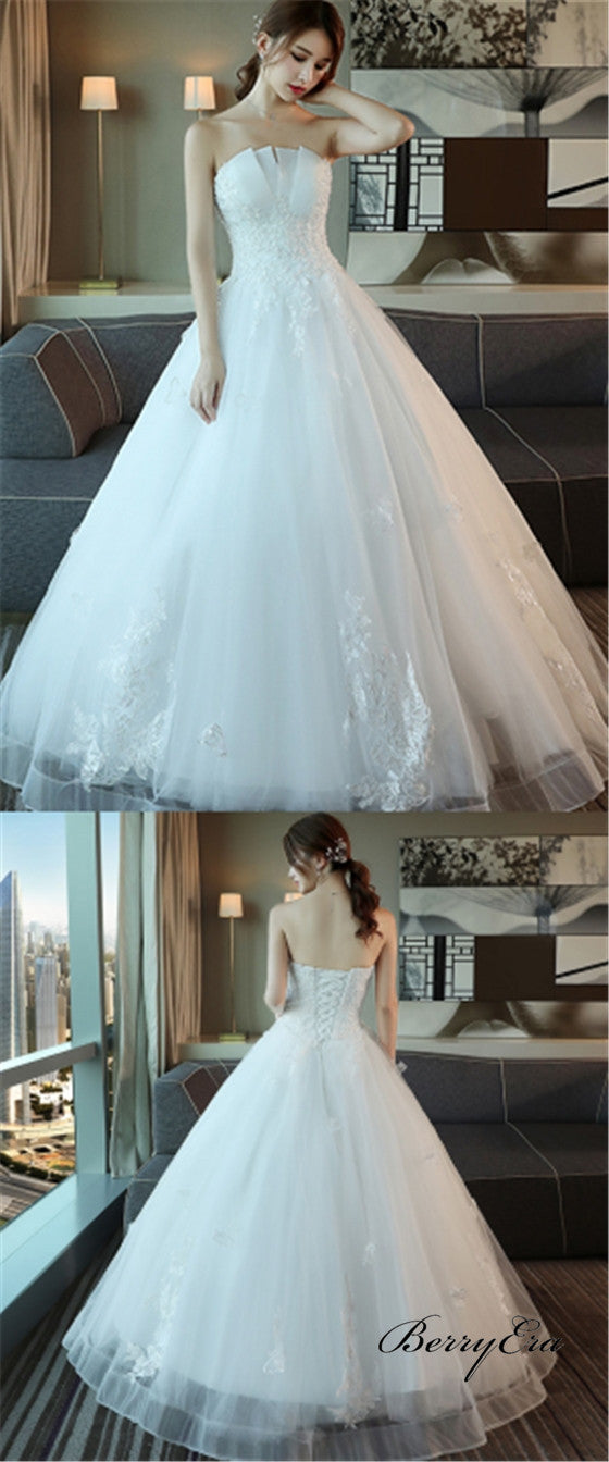 Strapless Long A-line Ivory Lace Tulle Wedding Dresses, Bridal Gown