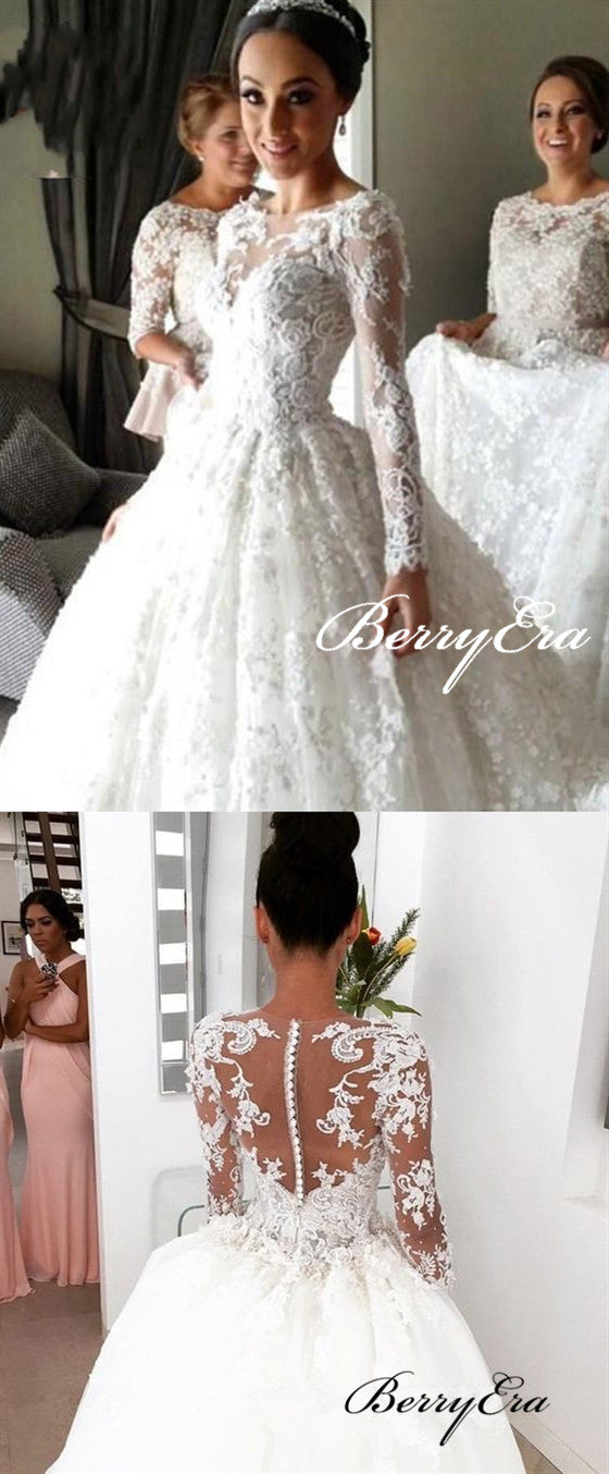 Long Sleeves Lace Tulle Ball Gown Wedding Dresses