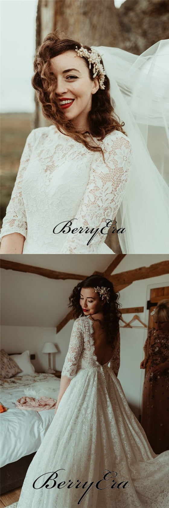 Half Sleeves Lace A-line Wedding Dresses, A-line Wedding Dresses, Bridal Gown