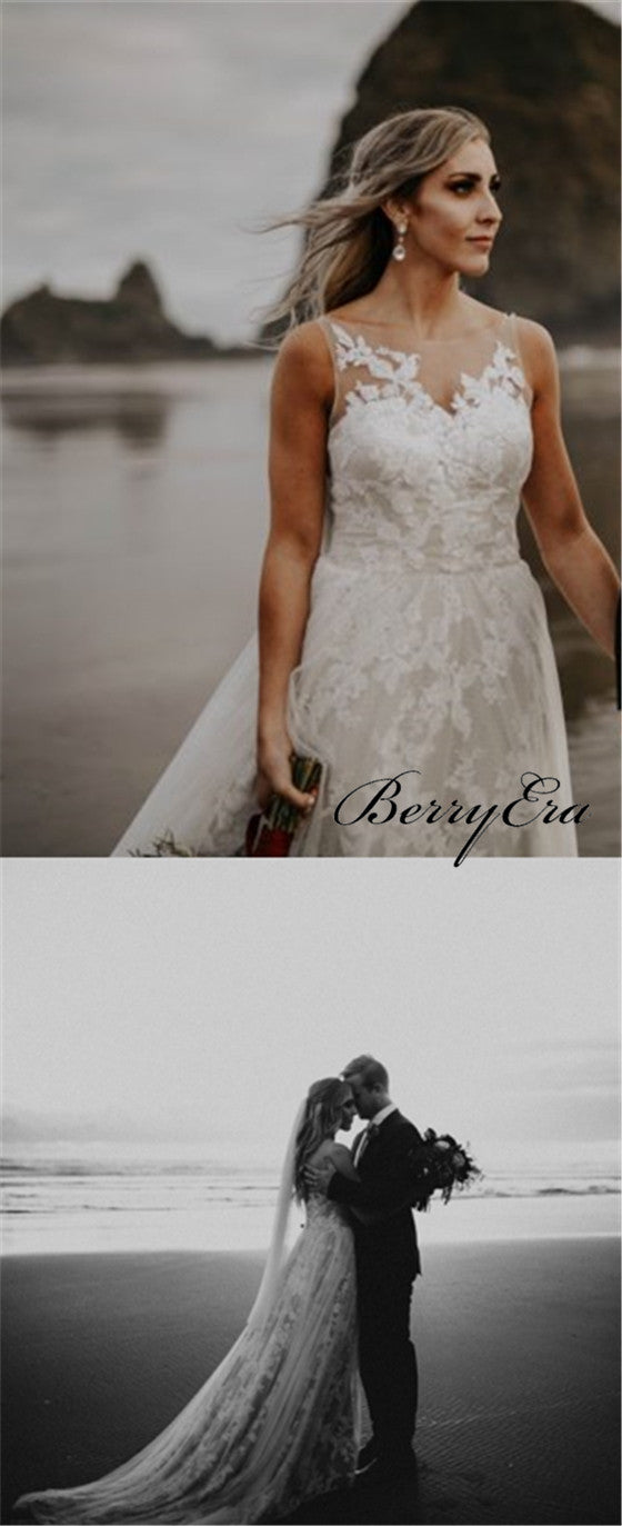 Illusion Lace Tulle Beach Wedding Dresses, Long Wedding Dresses, Romantic Bridal Gown