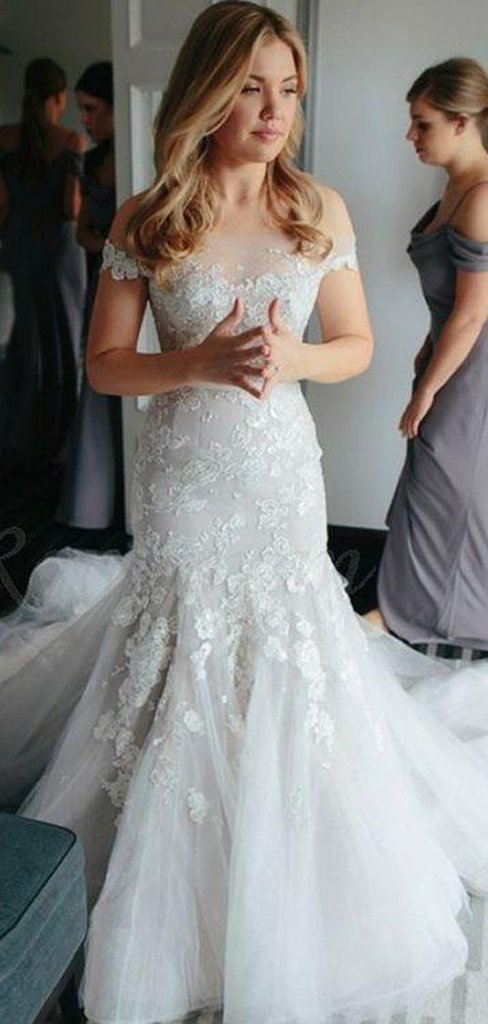 Off Shoulder Lace Mermaid Long Train Wedding Dresses, Bridal Gown