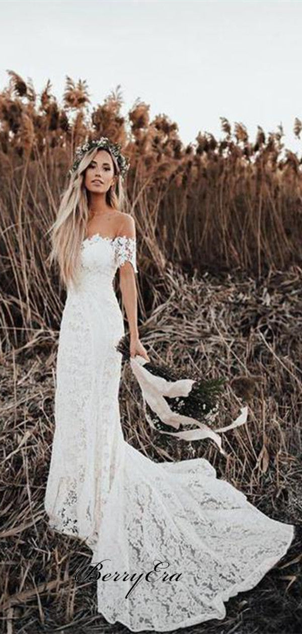 Off Shoulder Long Mermaid Lace Wedding Dresses, Country Wedding Dresses