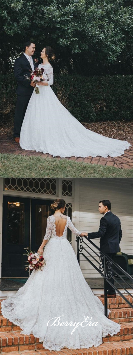 Long Sleeves Backless A-line Lace Wedding Dresses