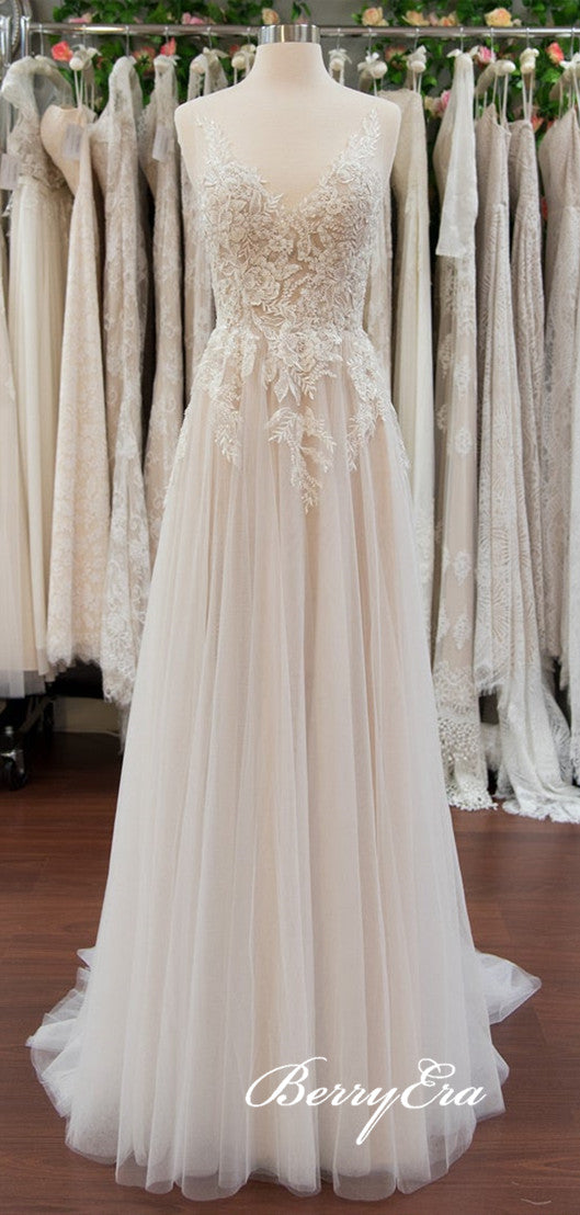 V-neck Lace Appliques Long A-line Tulle Wedding Dresses, Long Bridal Gown, Newest Wedding Gown