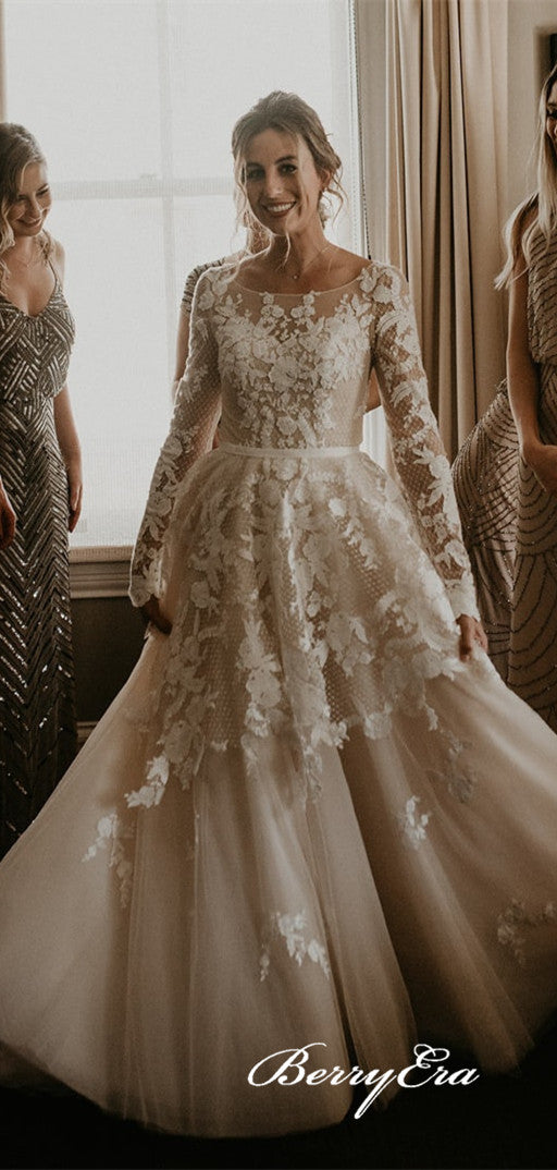 Long Sleeves Aa-line Lace Tulle V-back Wedding Dresses
