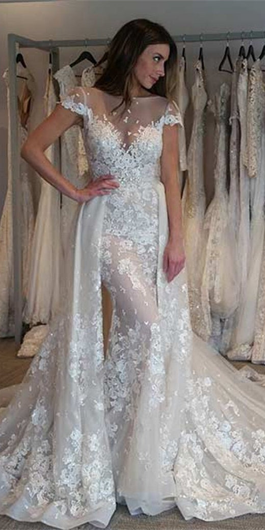 Cap Sleeves Lace Tulle Wedding Dresses, Detachable Wedding Dresses, Long Bridal Gown