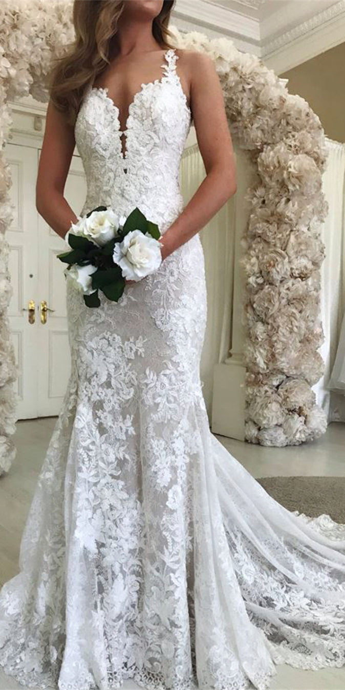Lace Straps Long Mermaid Wedding Dresses, Affordable 2021 Wedding Dresses, Bridal Gown
