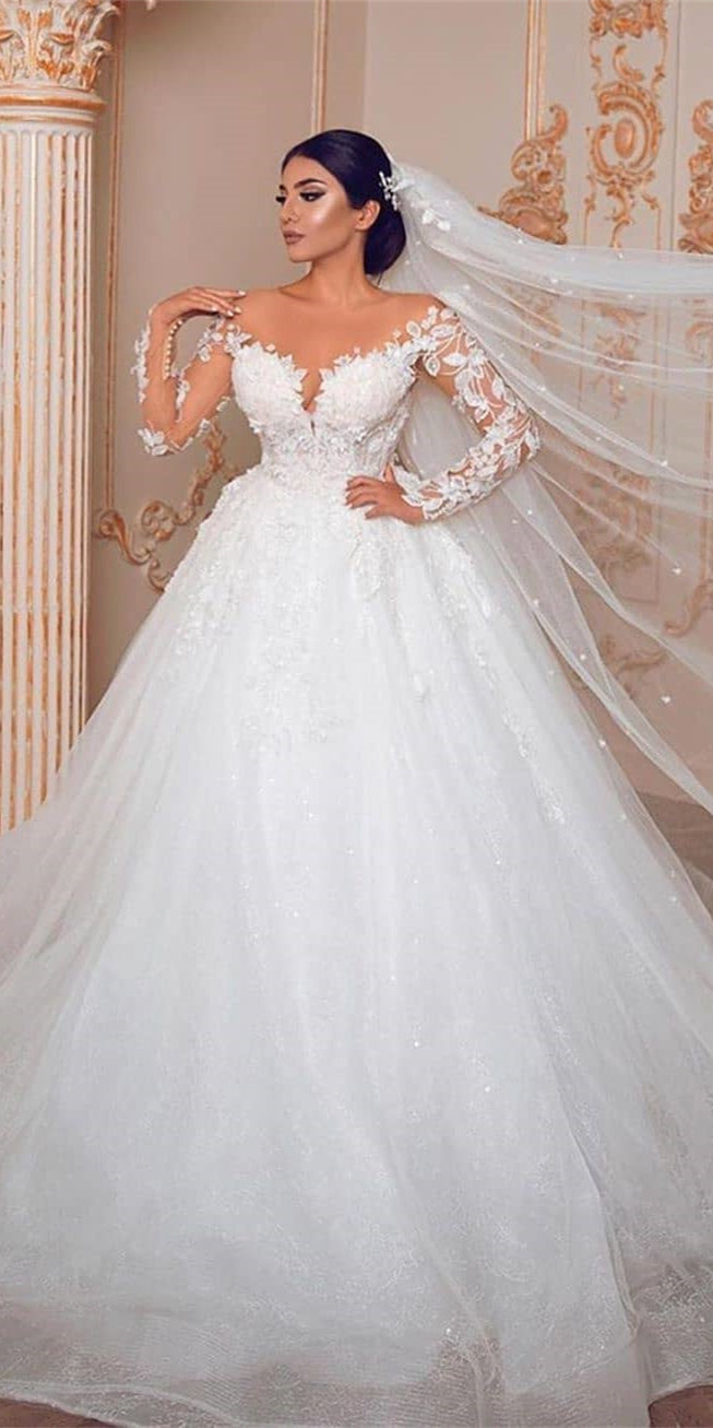 Off Shoulder Long A-line Lace Ball Gown Wedding Dresses, Shemmering Long Wedding Dresses