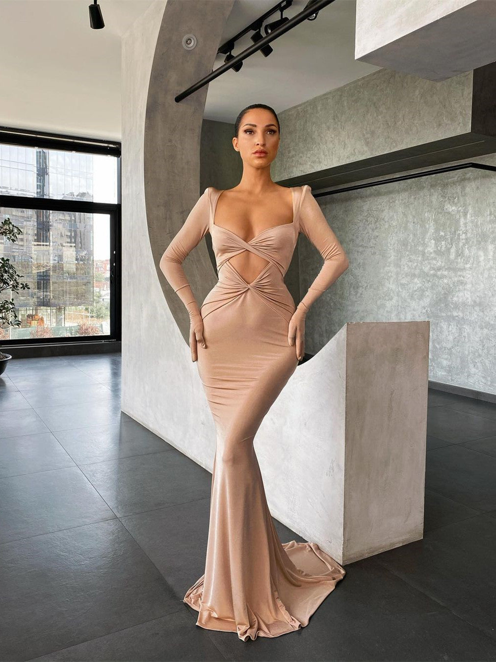 Nude Elastic Satin Long Mermaid Prom Dresses, Sexy 2021 Prom Dresses, Evening Dresses