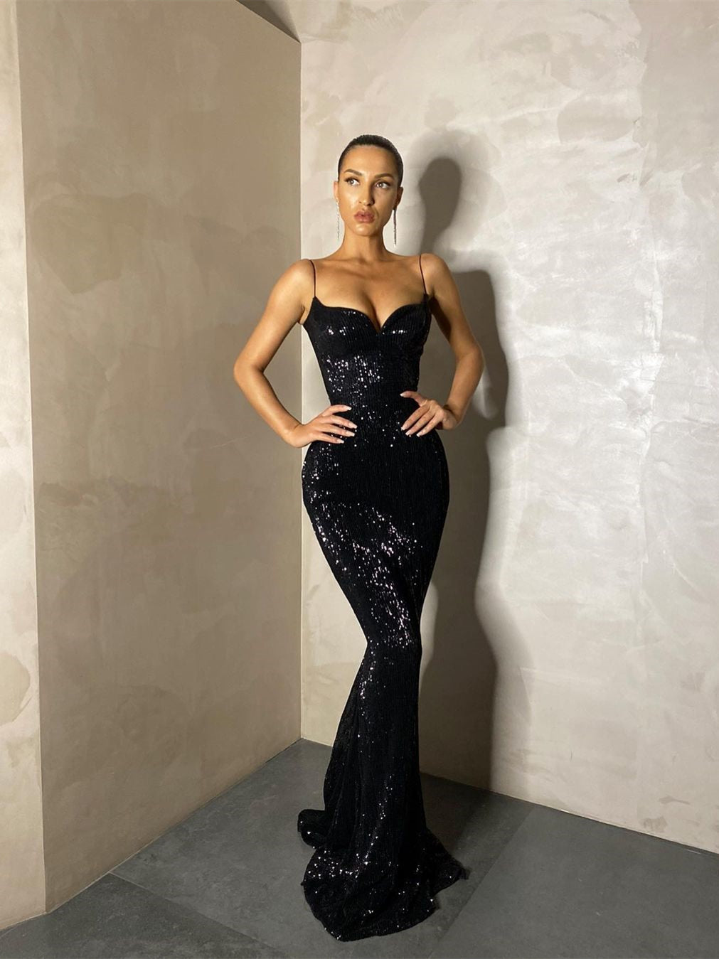 Spaghetti Long Mermaid Black Fitted Sequin Prom Dresses, Popular Prom Dresses, Newest Prom Dresses, Affordable Prom Dresses