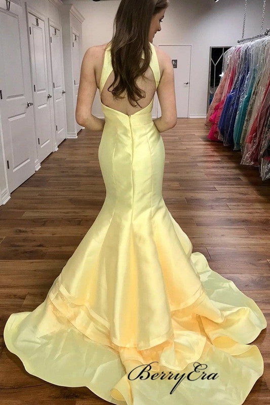 Light Yellow Satin Mermaid Evening Gowns, Unique Fashion Long Prom Dresses 2019