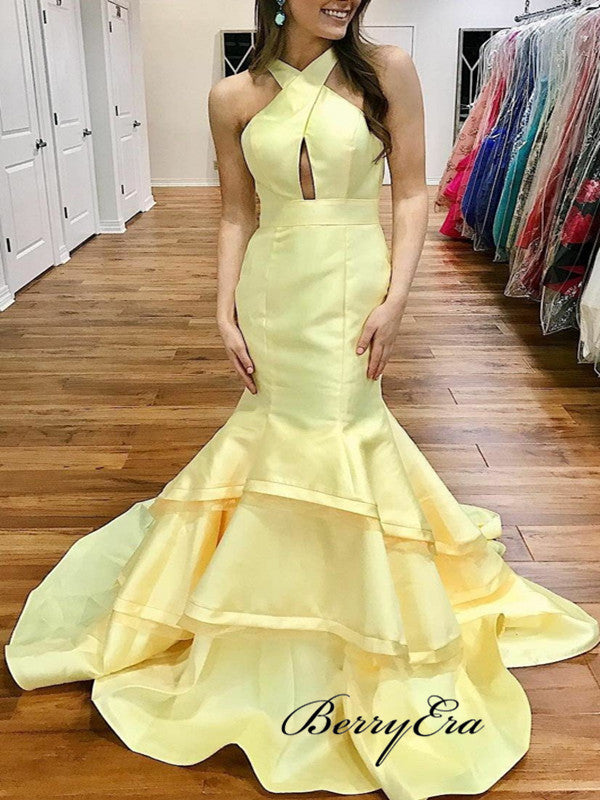 Light Yellow Satin Mermaid Evening Gowns, Unique Fashion Long Prom Dresses 2019