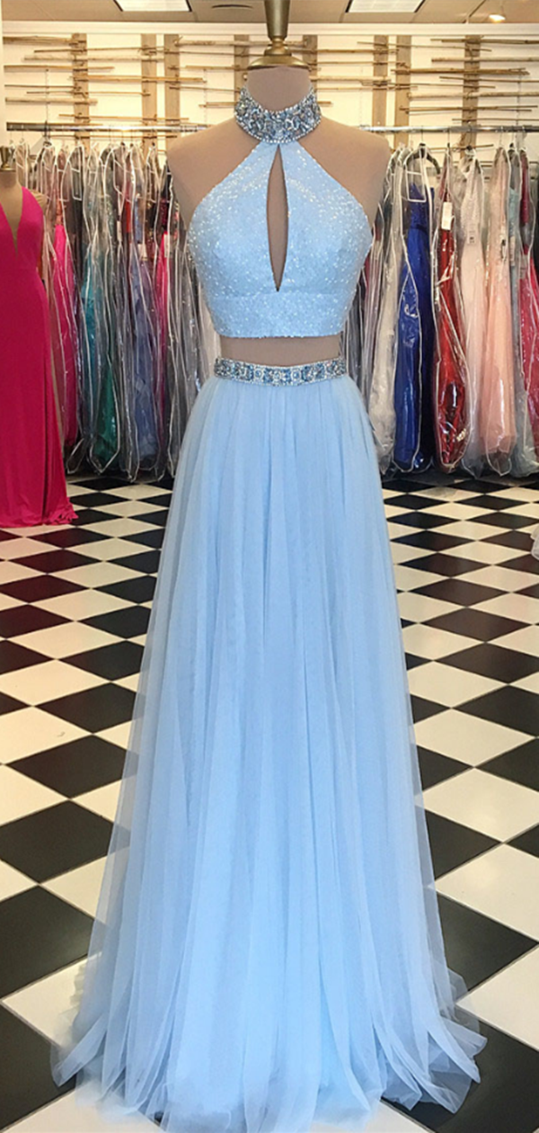 2 Pieces A-line Light Blue Sequin Beaded Prom Dresses, Cheap Prom Dresses