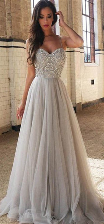 Spaghetti Long A-line Light Grey Tulle Beaded Prom Dresses,  Side Slit Prom Dresses, Popular Prom Dresses