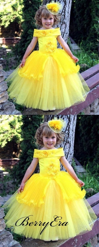 Off Shoulder A-Line Yellow Satin Appliques Tulle Flower Girl Dresses