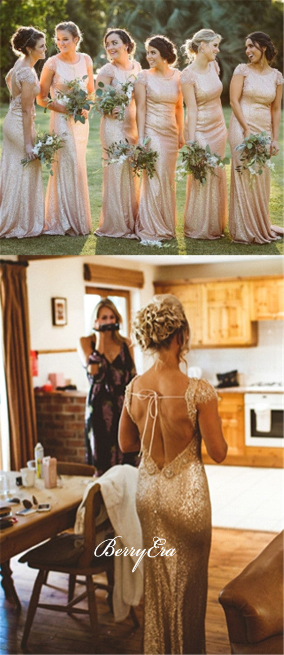 Cap Sleeves Open Back Sequin Sheath Long Bridesmaid  Dresses