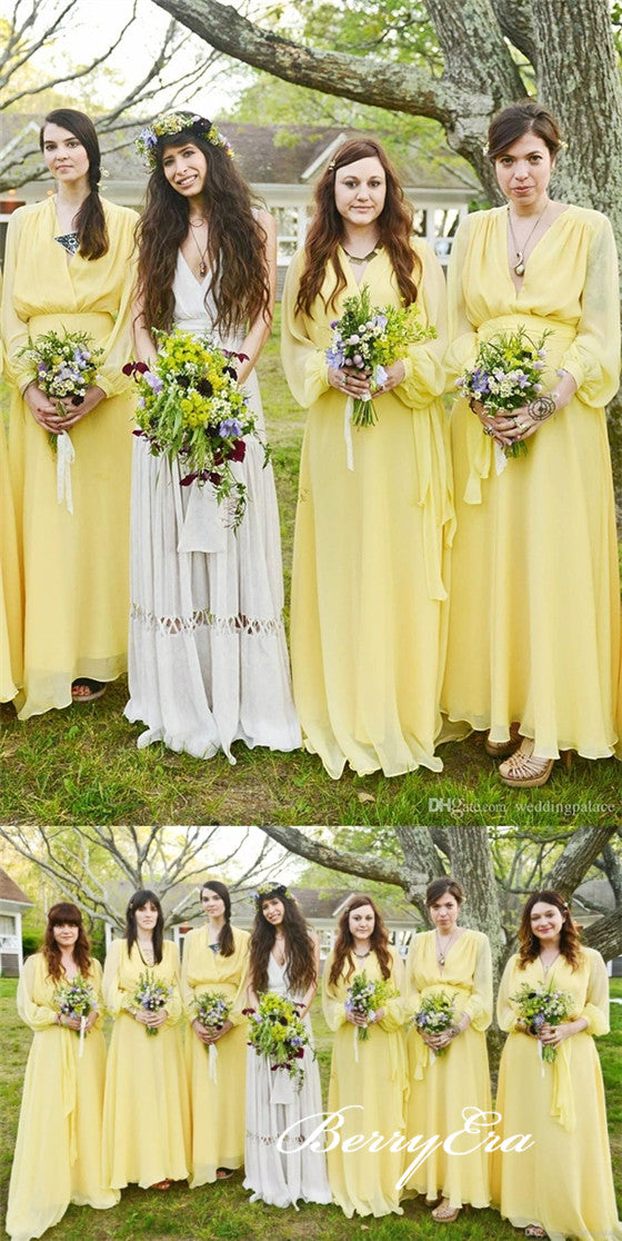 Long Sleeves A-ine Yellow Chiffon Boho Wedding Bridesmaid Dresses Berryera Long Sleeves A-ine Yellow Chiffon Boho Wedding Bridesmaid Dresses Berryera