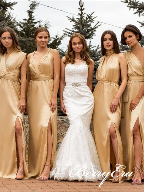 Convertible Long Sheath Gold Elastic Satin Bridesmaid Dresses, Long Bridesmaid Dresses, Bridesmaid Dresses