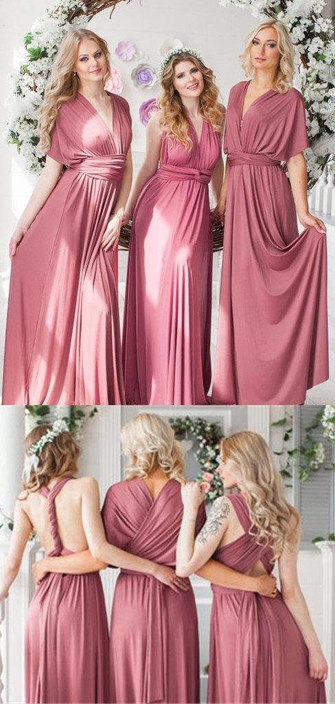 Dusty Rose Convertible Jersey Long Bridesmaid Dresses