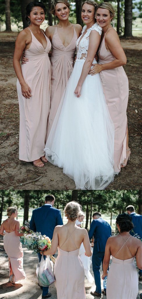 Blush Pink V-neck Long Sheath Chiffon Bridesmaid Dresses