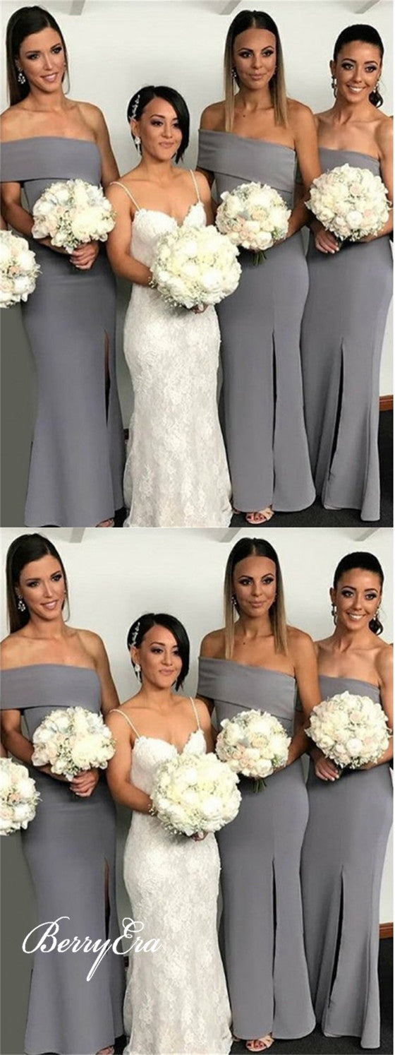 Grey Off Shoulder Long Sheath Side Slit Long Bridesmaid Dresses