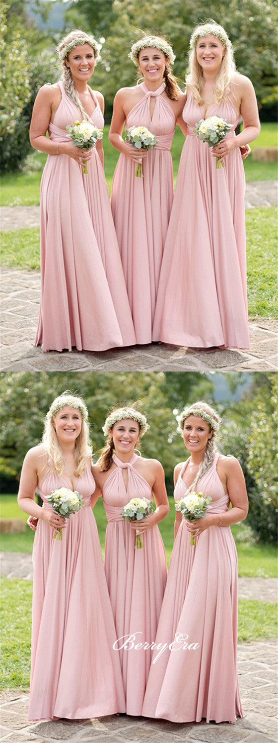 Convertible Long A-line Pink Jersey Bridesmaid Dresses
