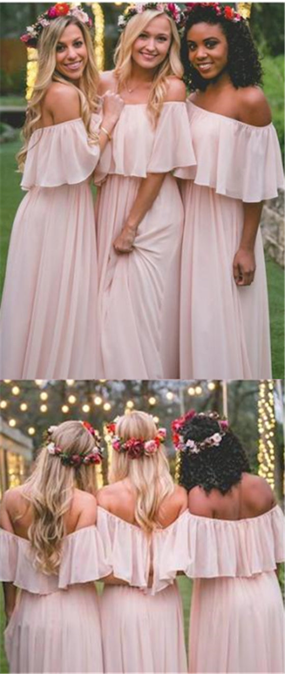 Off Shoulder A-line Blush Pink Chiffon Bridesmaid Dresses, Long Bridesmaid Dresses