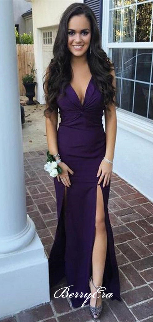 V-neck Slits Mermaid Purple Long Bridesmaid Dresses