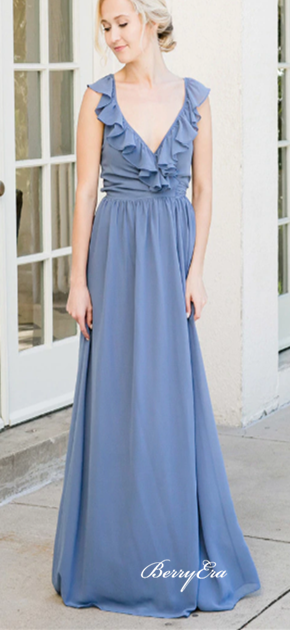 V-neck Ruffled A-line Blue Bridesmaid Dresses