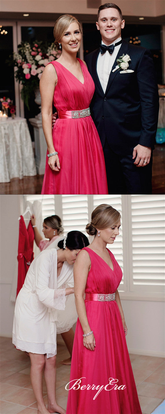V-neck Hot Pink A-line Bridesmaid Dresses With Beaded Belt