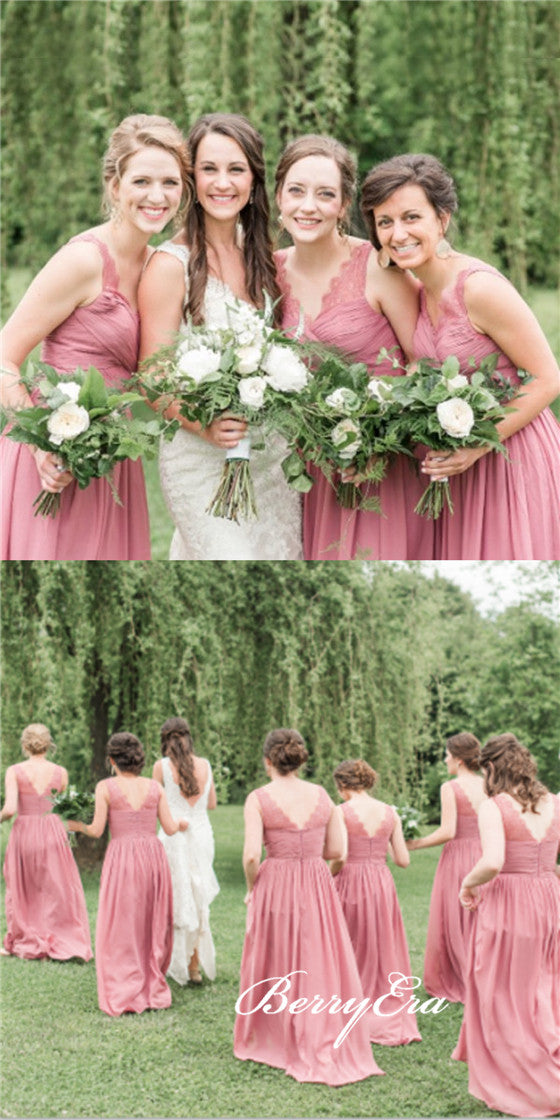V-neck Dusty Rose Lace Chiffon A-line Bridesmaid Dresses