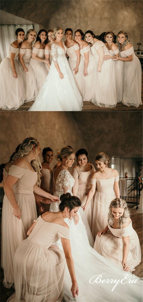 Off Shoulder Long A-line Tulle Bridesmaid Dresses