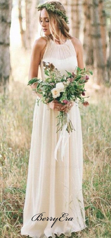 Illusion Ivory Chiffon Long A-line Bridesmaid Dresses