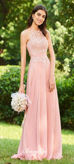 Pink Lace Top Chiffon Long Bridesmaid Dresses, Lovely Bridesmaid Dresses