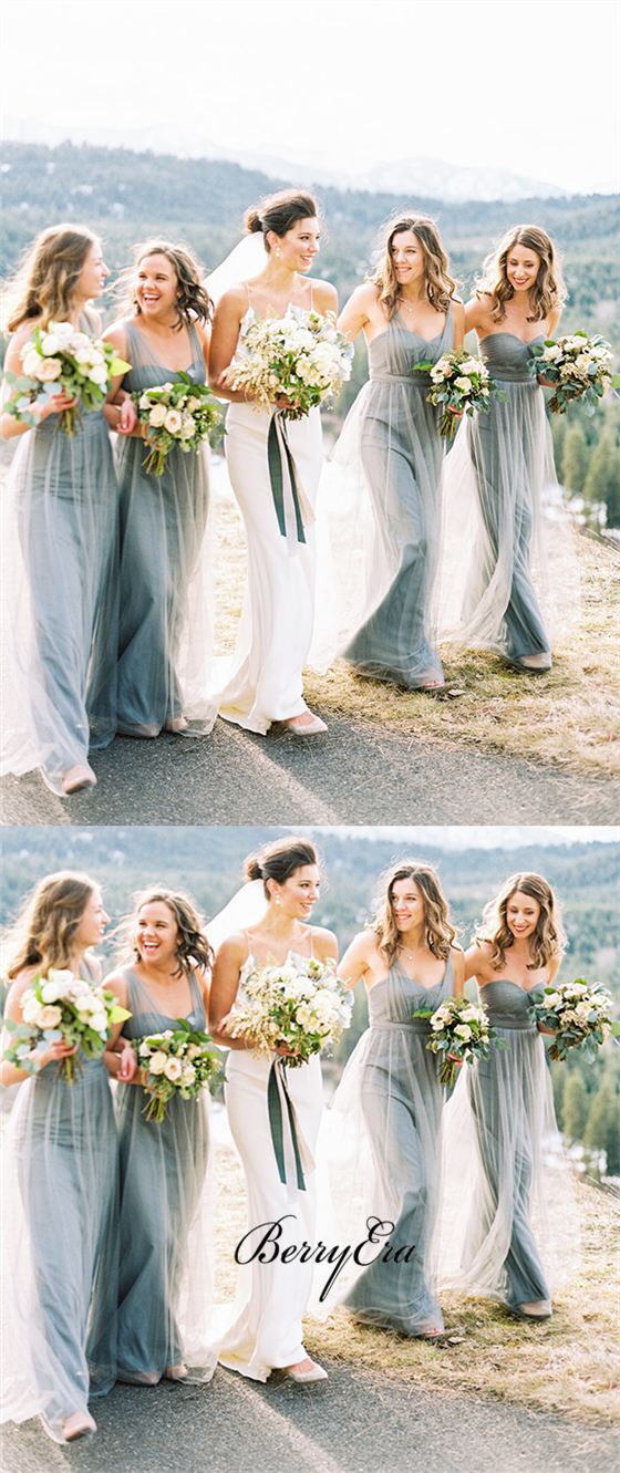 Convertible Light Grey Tulle Long Bridesmaid Dresses