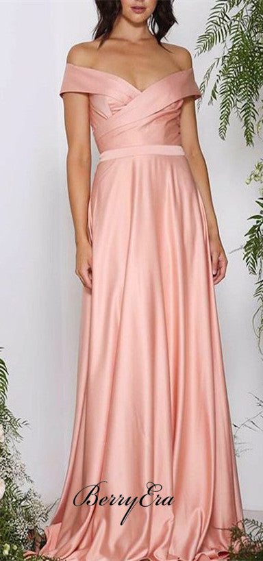 Off Shoulder Peach Elastic Satin Long Bridesmaid Dresses Berryera Off Shoulder Peach Elastic Satin Long Bridesmaid Dresses Berryera