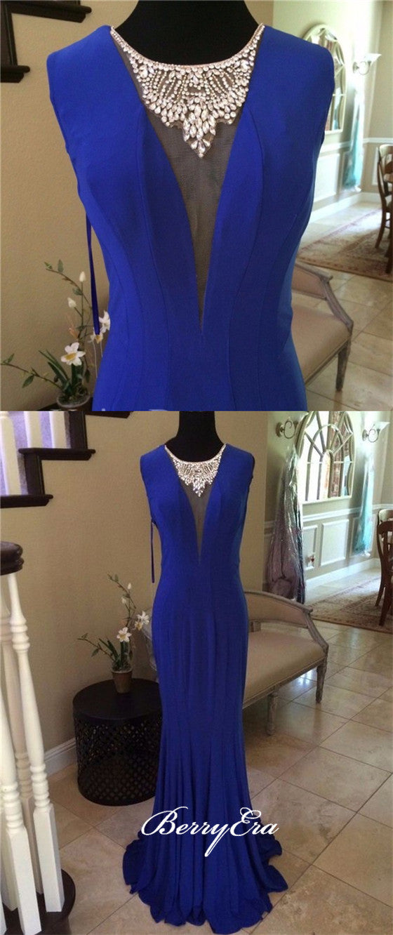 Sleeveless Royal Blue Fitted Jersey Beaded Prom Dresses