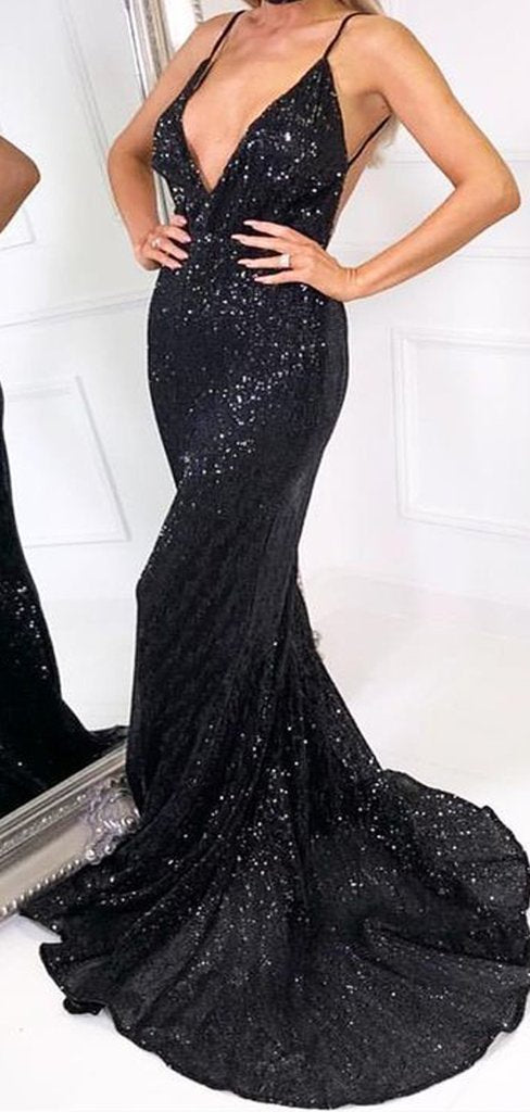 Deep V-neck Black Sequin Mermaid Prom Dresses