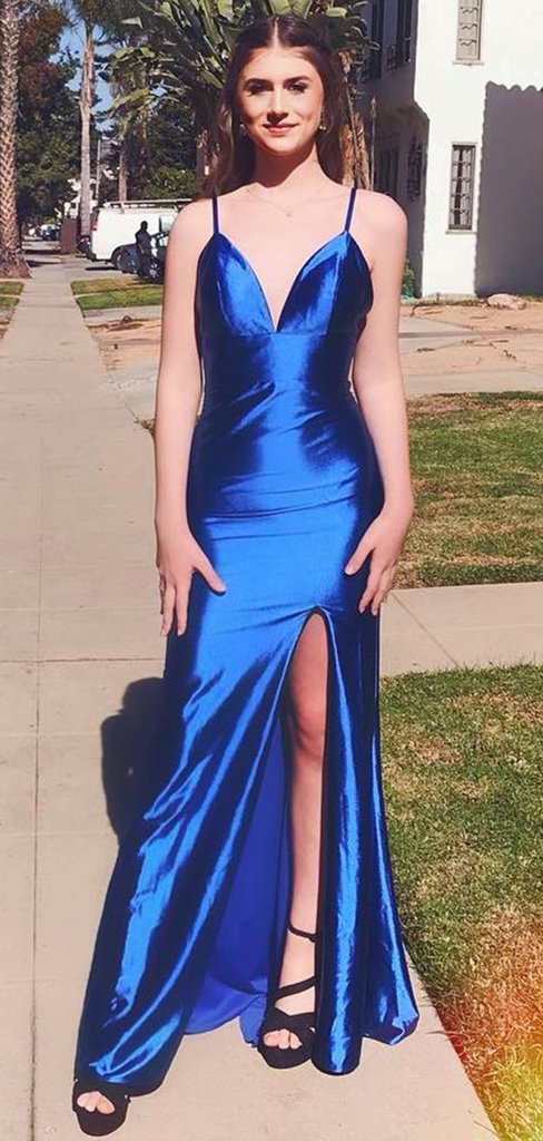 Sexy V-Neck Simple Side Slit Royal Blue Long Prom Dresses