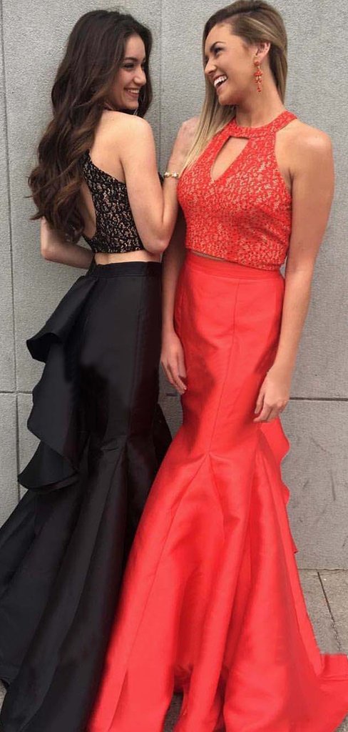 2 Pieces Red Lace Mermaid Satin Prom Dresses
