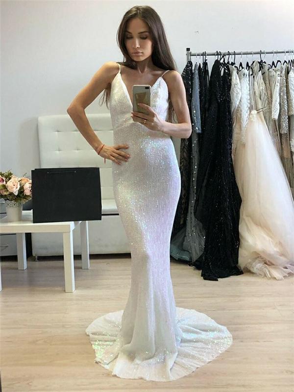 Spaghetti Long Mermaid White Sequin Prom Dresses
