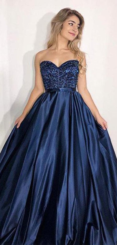 Sweetheart Long A-line Navy Satin Beaded Prom Dresses