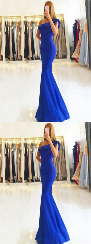 One Shoulder Long Mermaid Royal Blue Prom Dresses