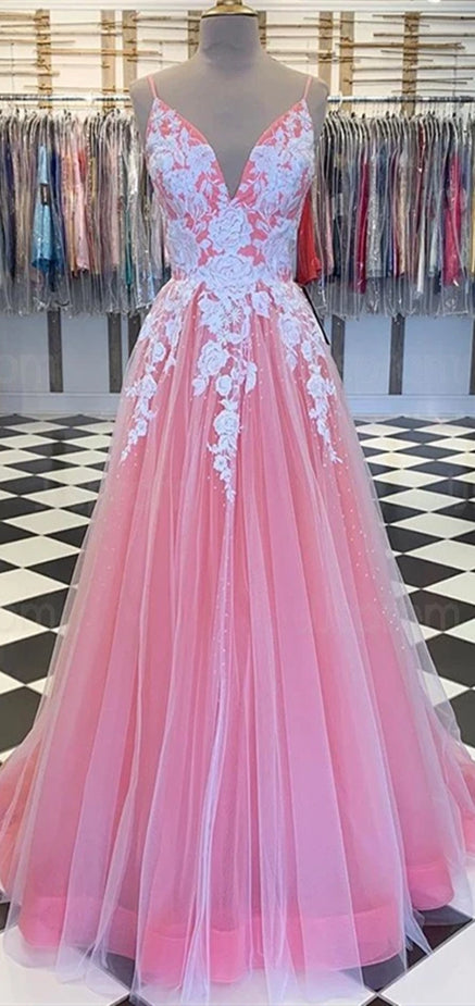 V-neck Long A-line Pink Tulle Lace Prom Dresses, Lovely Prom Dresses, Long Prom Dresses