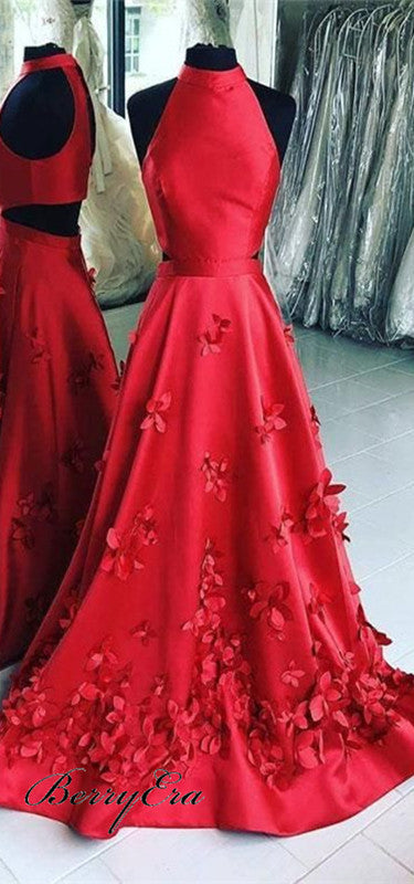 Halter Long A-line Red Satin Prom Dresses, Floral Prom Dresses, Prom Dresses