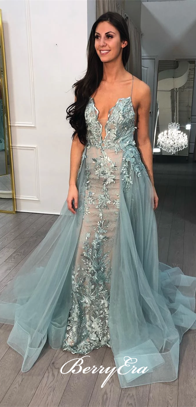 Lovely A-line Lace Tulle Prom Dresses, New Arrival Prom Dresses, Lace Up Prom Dresses